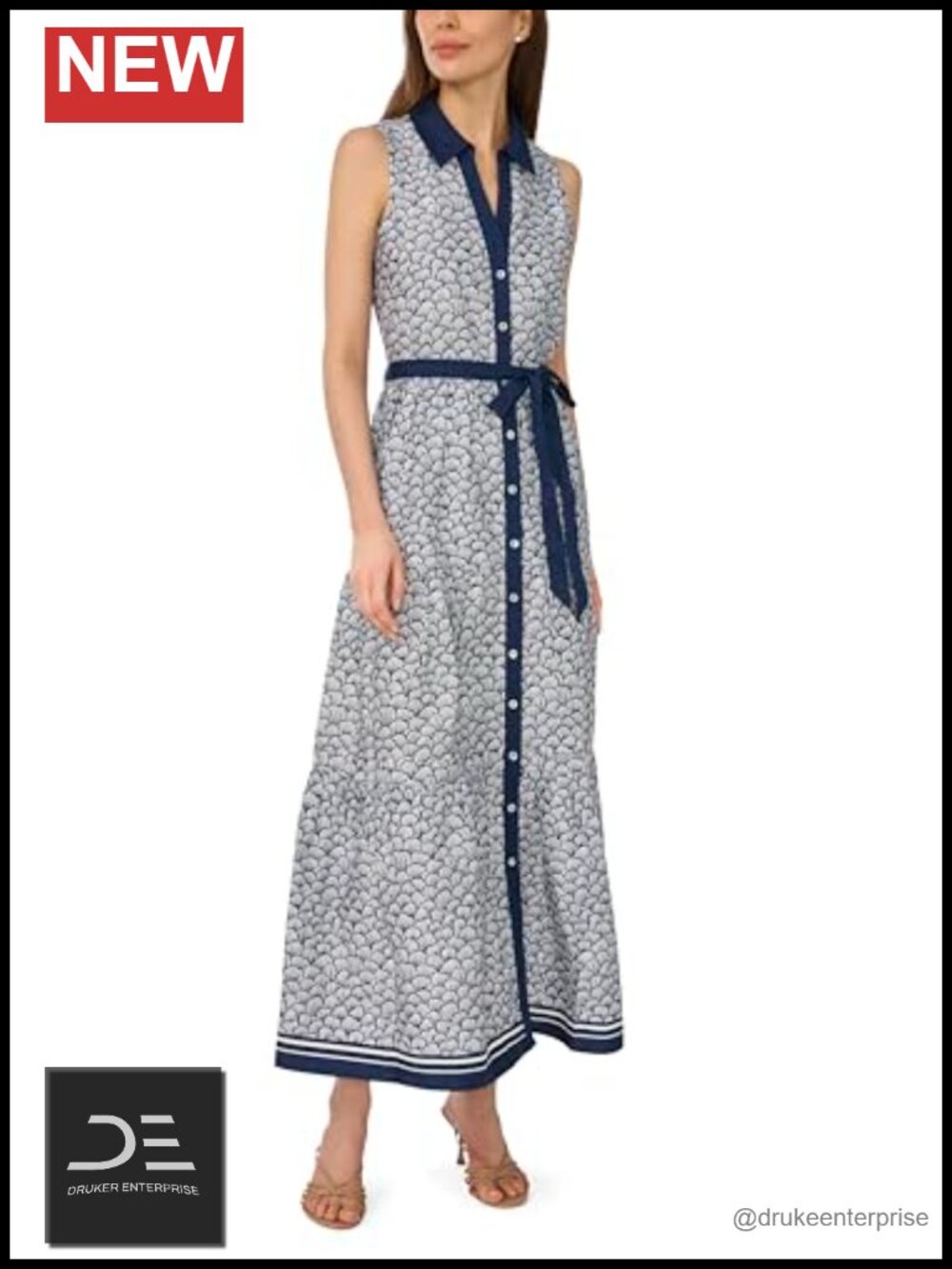 Sleeveless Polo Collar Midi Dress Floral Preppy Casual Chic